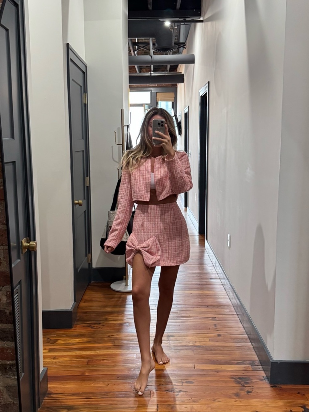 Pink Tweed Top & Skirt Set with Bow - Picture 7 of 7
